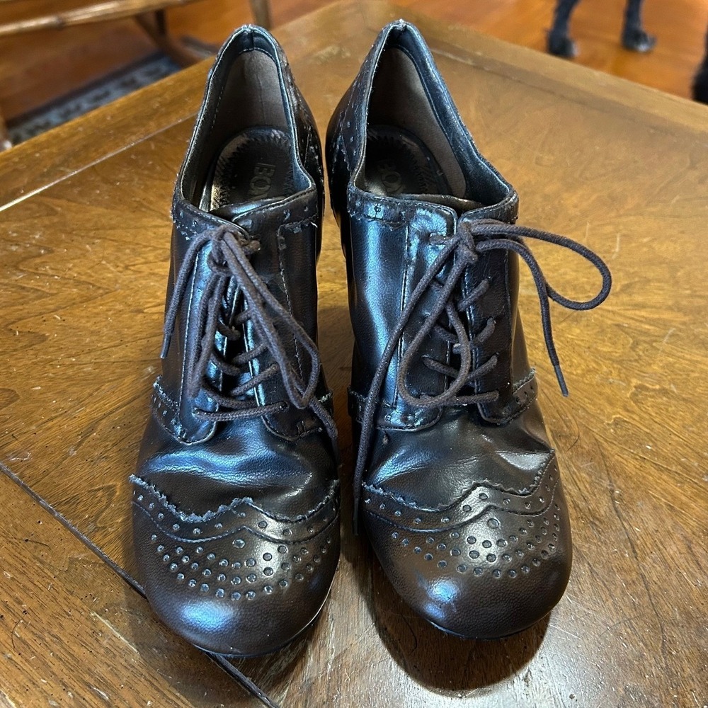 VTG Bongo Womens Dark Brown Wingtip Oxford Lace Up Heeled Booties Brogue Accents